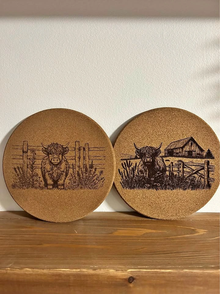 Laser Engraved Cork Trivet - Highland Cows - 7" Diameter