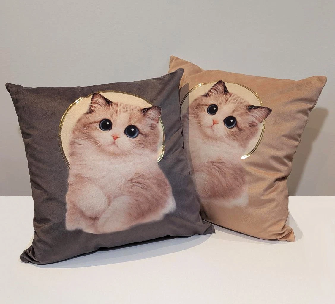 Cat 18x18 Velvet Throw Pillow w/ Gold Foil Halo & Insert