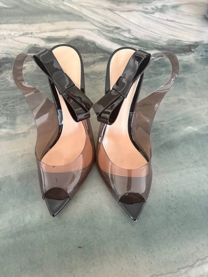 Gianvito Rossi Peep-Toe Plexi Slingback Heels with Bow - photo 3