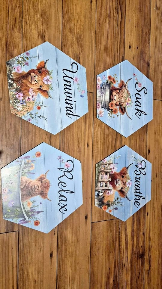 Highland Cow Wall Decor Set of 4 Hexagonal Signs