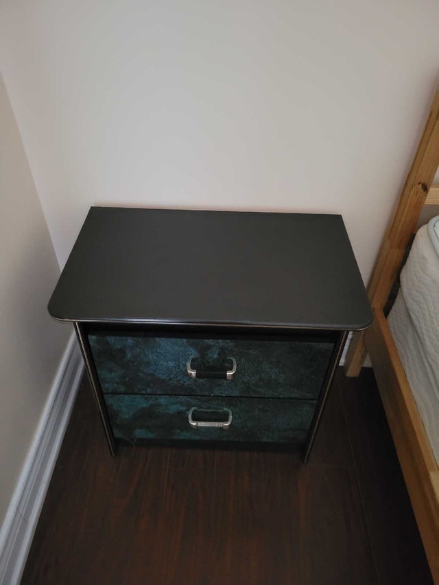 Stylish Side Table with Black Top and Marbled Drawers