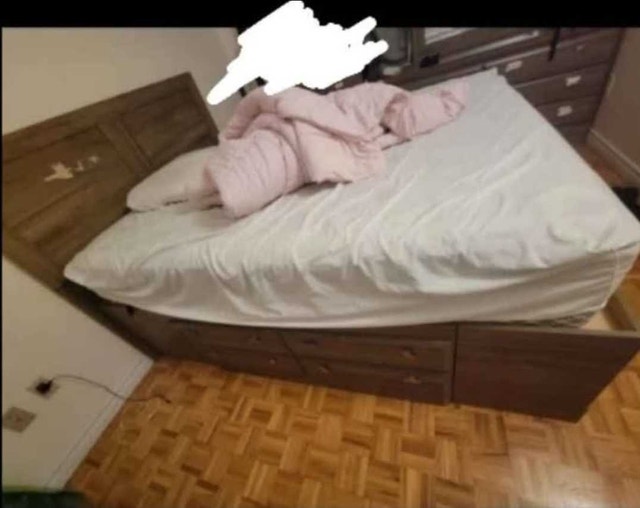 Queen Bed Set - Frame with Storage, Dresser, Mirror, moving sale