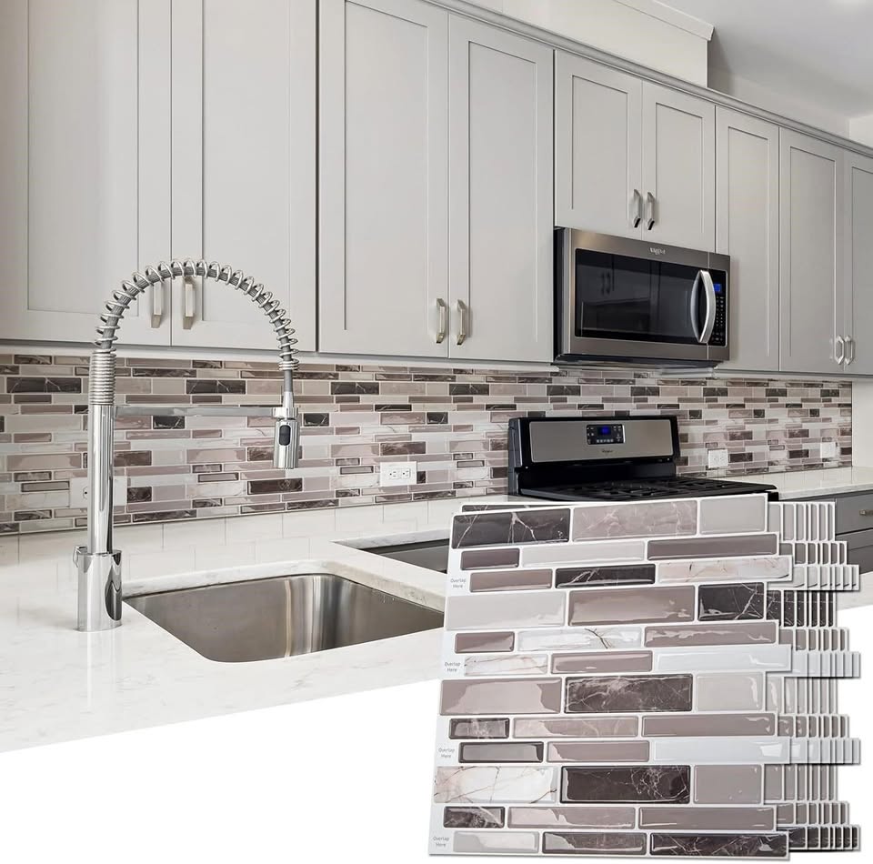 10-Sheet Vinyl Wall Tiles, 12" x 12", Brown Marble