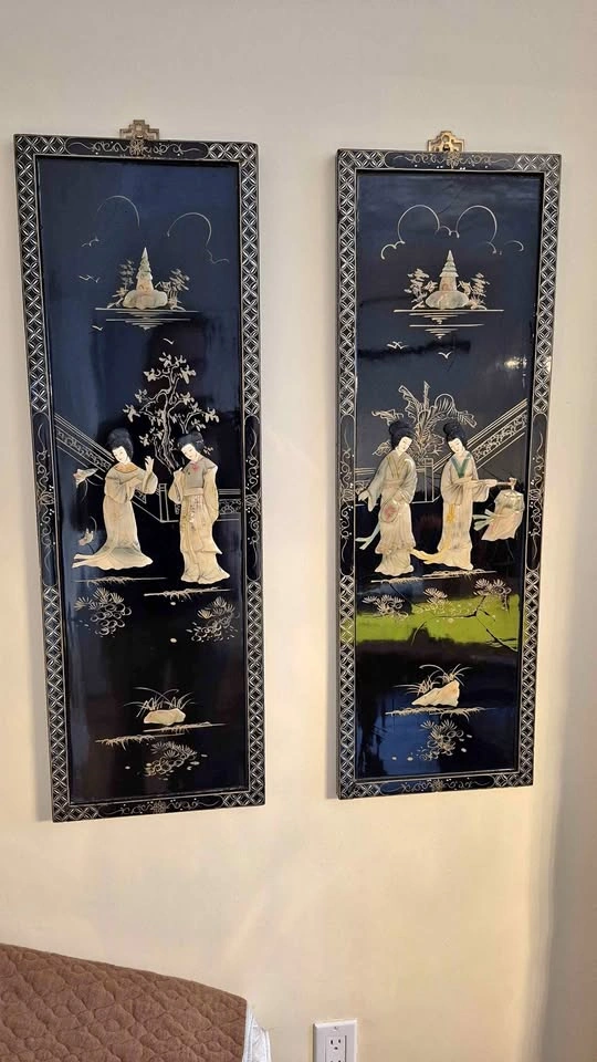 RARE COMPLETE SET: 4 Vintage Chinese Lacquer & Mother of Pearl P