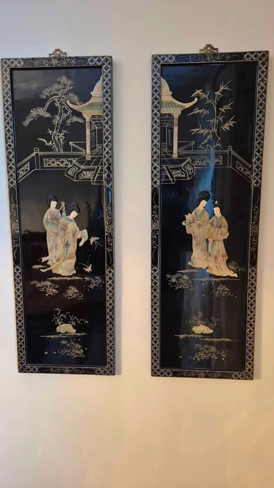 RARE COMPLETE SET: 4 Vintage Chinese Lacquer & Mother of Pearl P - photo 2