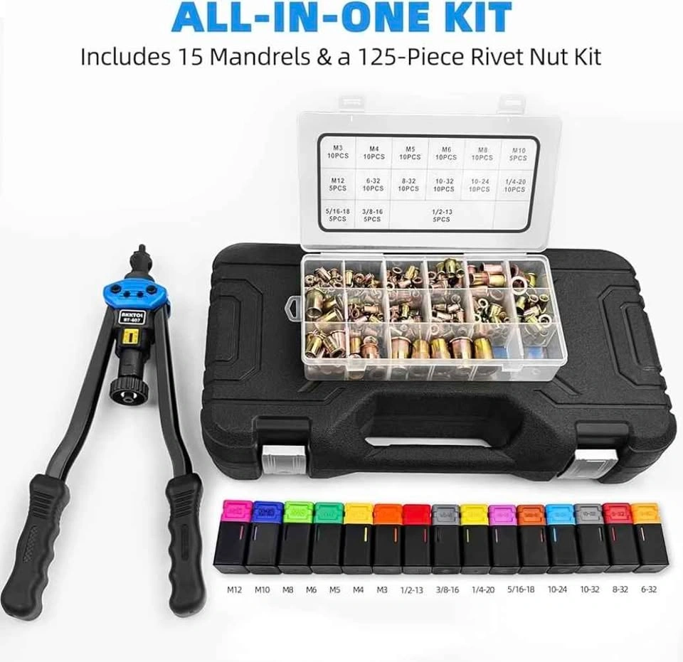 AKKTOL Rivet Nut Tool Kit 16 inch 15 Mandrels 125-PCS Rivet Nuts - photo 2