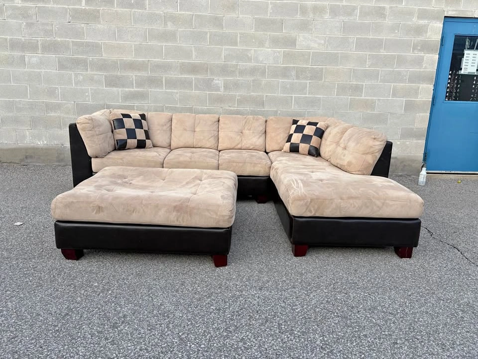 Large Beige & Brown Sectional Sofa with Ottoman - Free Delivery