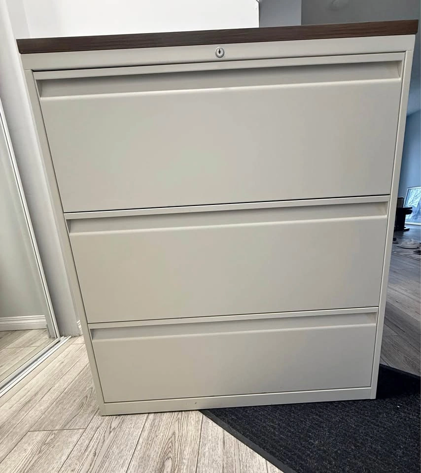 3 Drawer Metal Filing Cabinet with Wooden Top – Locking (Key Inc