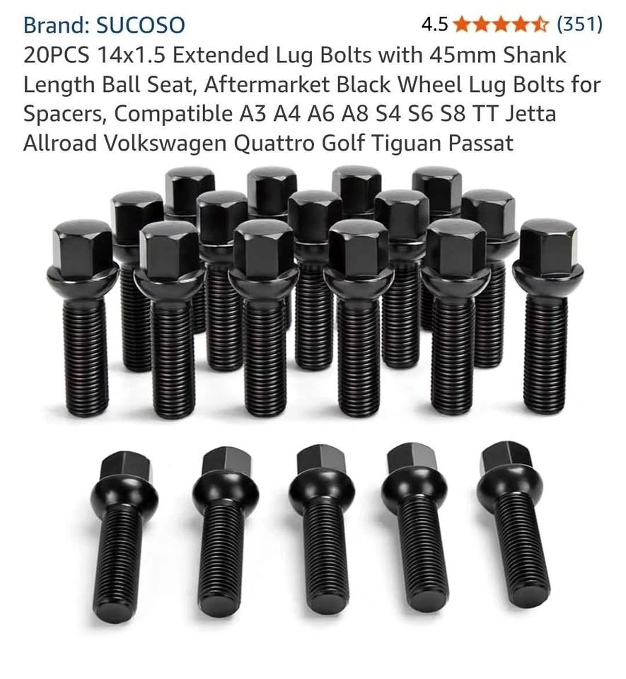 SUCOSO 20PCS M14x1.5 Extended Lug Bolts 45mm Shank Ball Seat