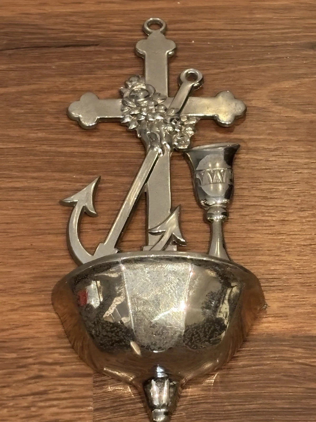 Vintage Holy Water Font Anchor Cross Chalice Flowers Made In Ger - photo 2