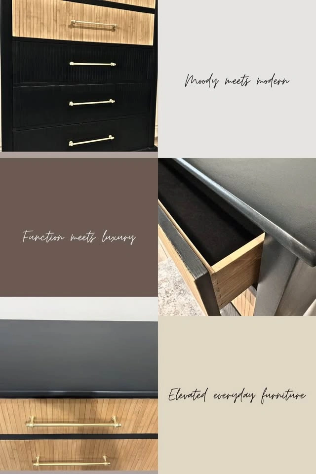Modern Black Natural Wood Tallboy Dresser | 5 Drawer Chest, Gold - photo 5