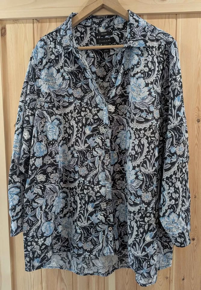 Tahari 100% Linen Blue Floral Button Front Blouse - photo 2