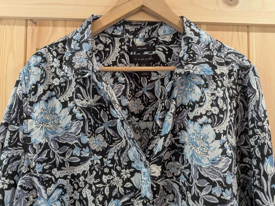 Tahari 100% Linen Blue Floral Button Front Blouse - photo 3
