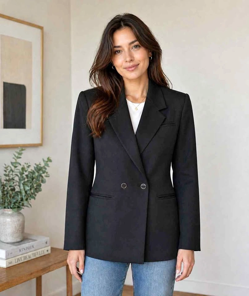 Petites by Demaro 100% Wool Black Double Breasted Blazer