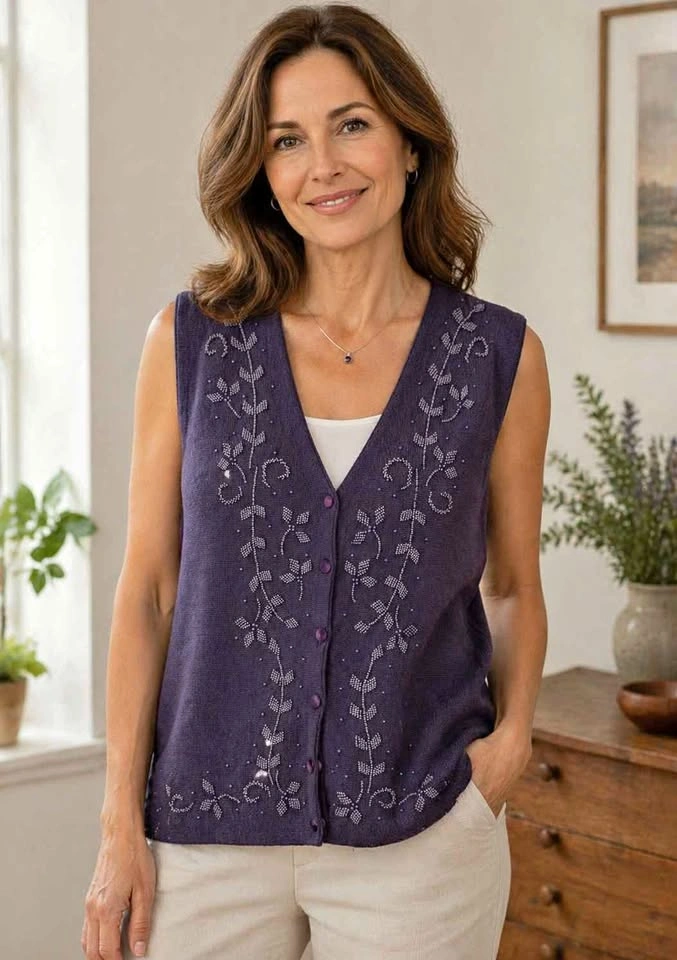Vintage Koret Purple Beaded Sweater Vest Button Front Floral Det