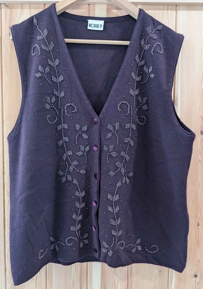 Vintage Koret Purple Beaded Sweater Vest Button Front Floral Det - photo 2