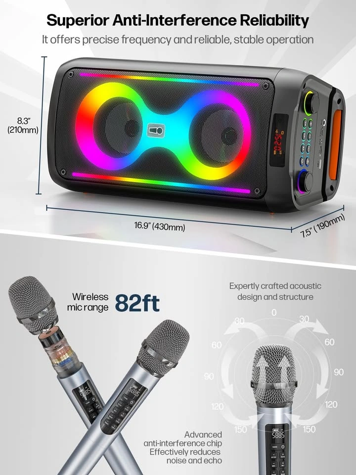 Portable Karaoke Machine Speaker System w/ 2 Wireless Mics - photo 2