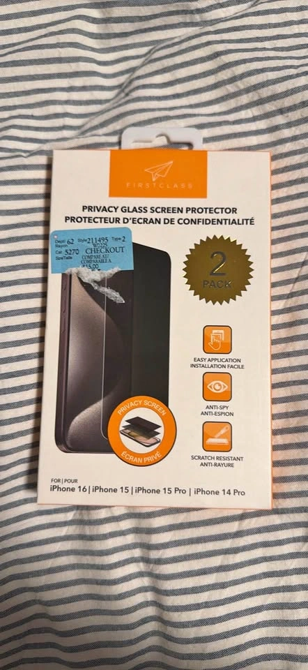 FIRSTCLASS Privacy Glass Screen Protector 2 Pack for iPhone