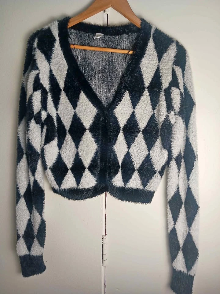 Twik argyle harlequin fuzzy cardigan.
