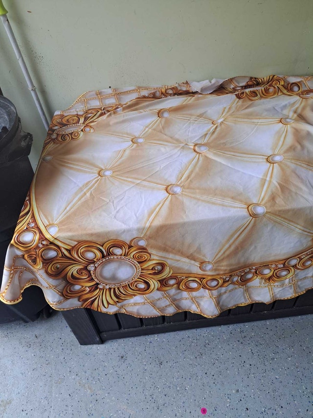 Round Gold and White Tablecloth