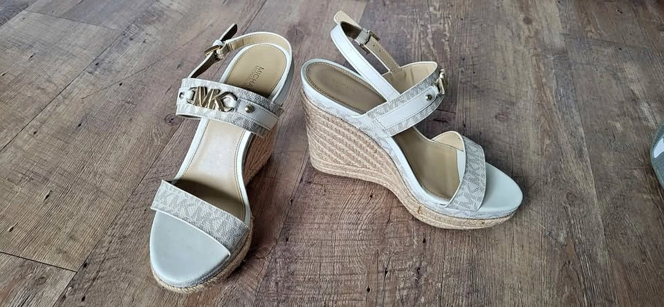 Michael Kors White Monogram Espadrille Wedge Sandals 8M