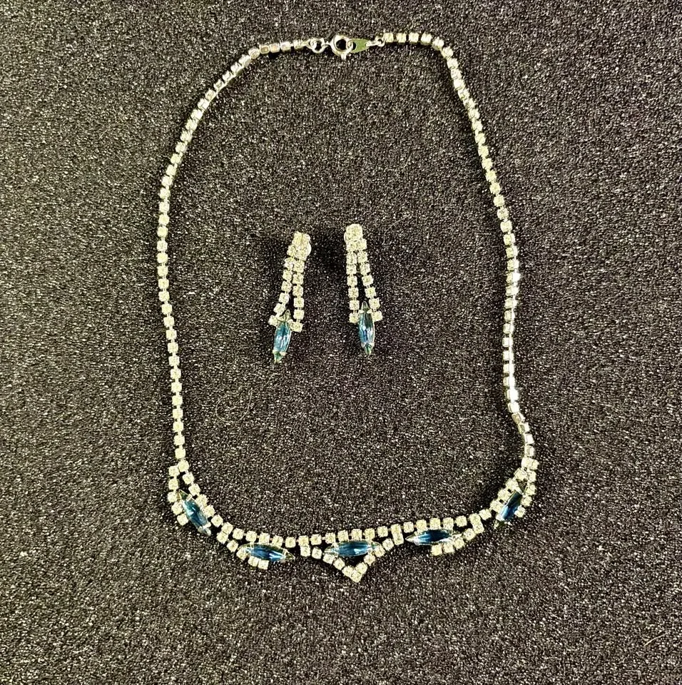 Vintage Blue Rhinestone Necklace & Earring Set Glam