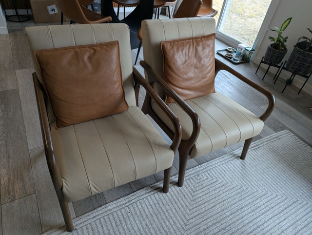 Light Beige Leather Armchairs with Brown Cushions