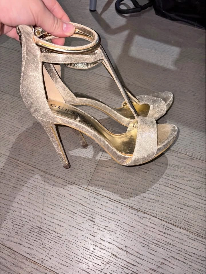 GUESS Gold Glitter Ankle Strap Heels