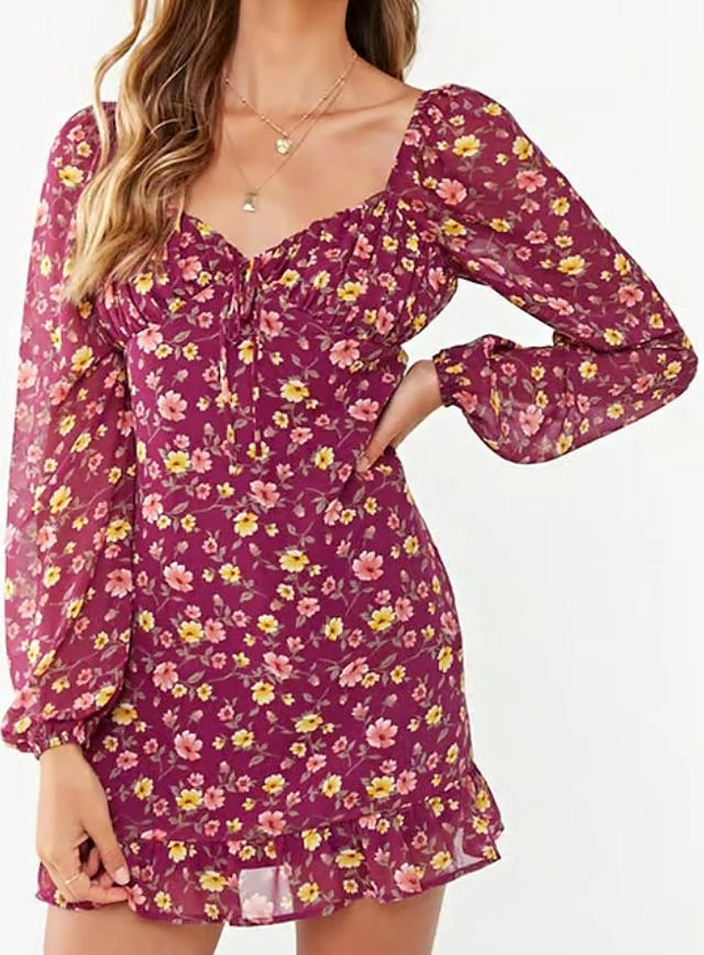 Forever 21 Burgundy/Rose Floral A Line Dress