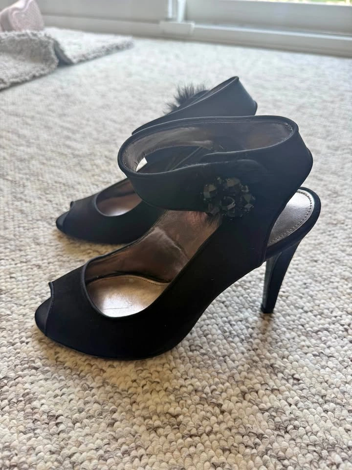 Black Feather Jewel Heels