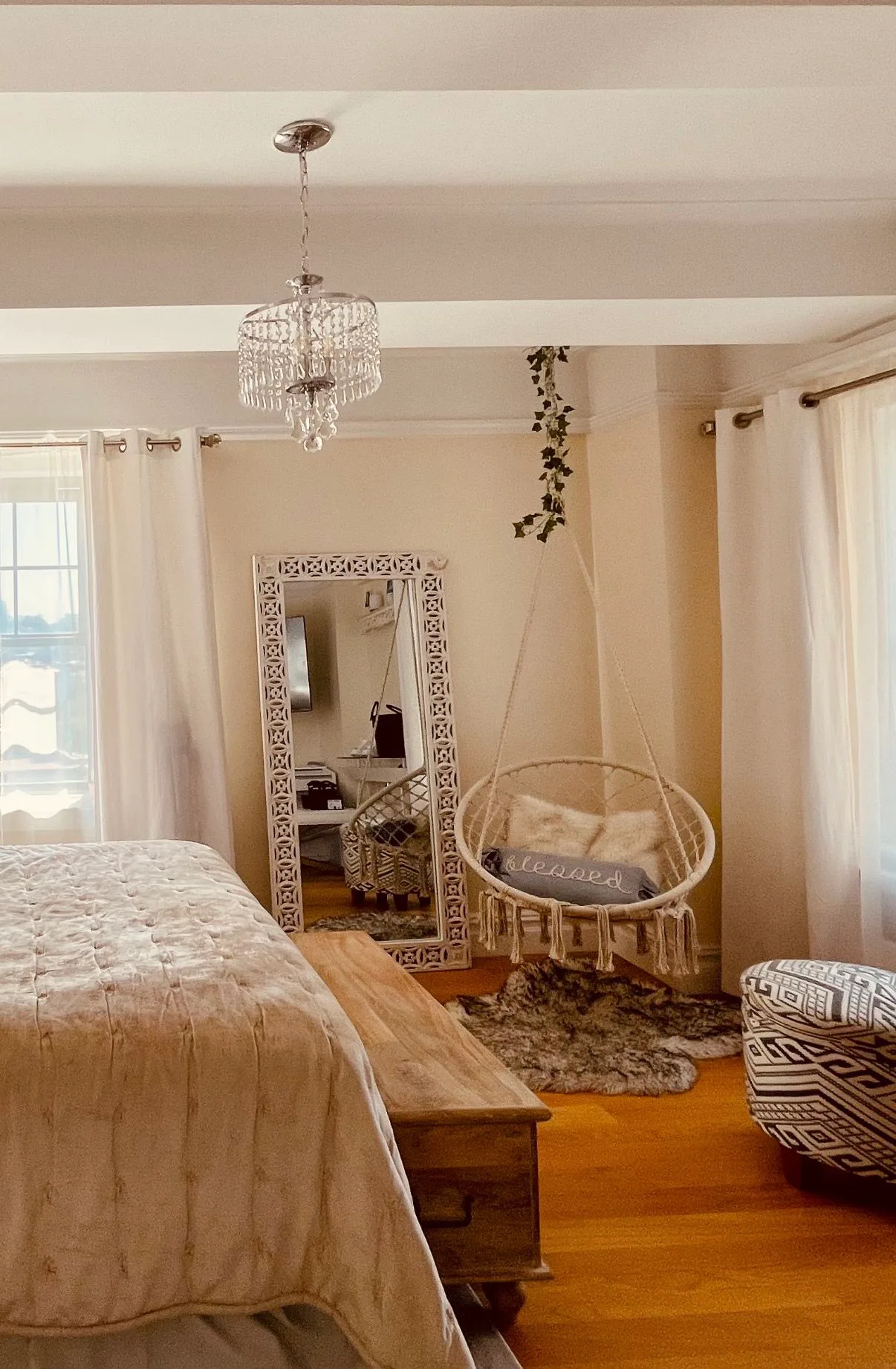 Rustic Tall White Wooden Carved Mirror
