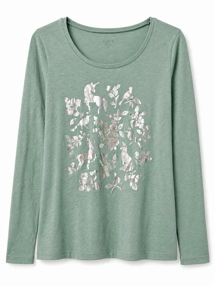 LOFT Outlet Sage Green Unicorn Graphic Long Sleeve Top M NWT