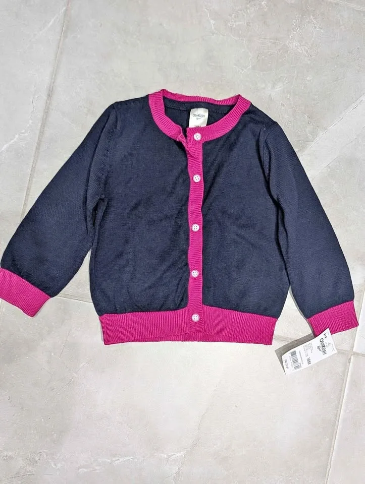 NWT OshKosh B’gosh Baby Cardigan • Navy & Pink • Size 18M