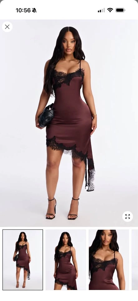 Burgundy Satin Lace Trim Dress