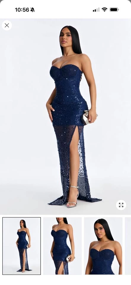 Navy Blue Sequin Strapless Gown