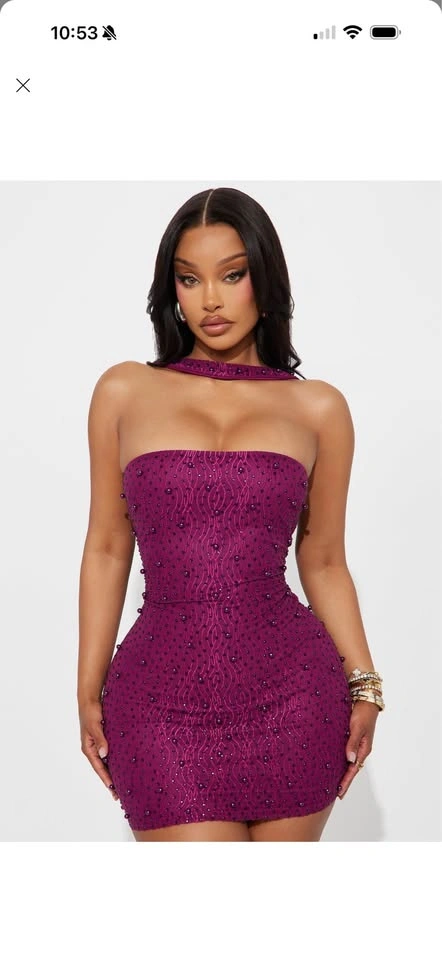 Purple Embellished Mini Dress with Choker Detail - photo 3