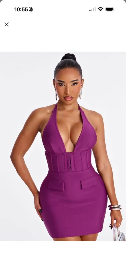 Purple Deep-V Bodycon Mini Dress