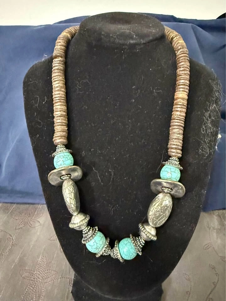 Bohemian Statement Necklace Wood Beads Faux Turquoise