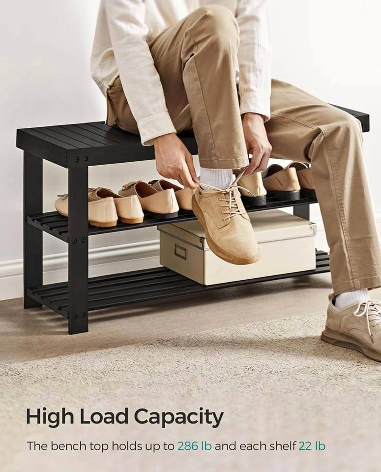 SONGMICS 3-Tier Bamboo Shoe Rack Bench – Ink Black | New in Box