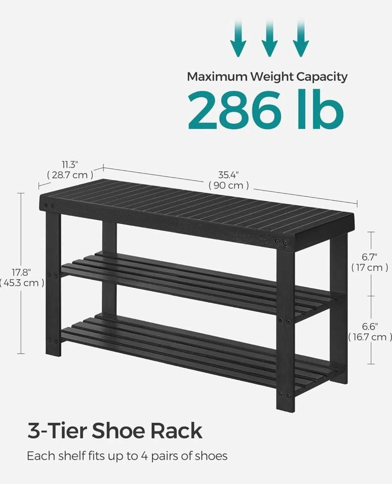 SONGMICS 3-Tier Bamboo Shoe Rack Bench – Ink Black | New in Box - photo 4