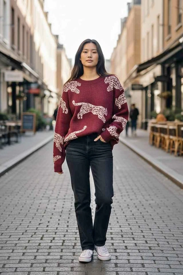 Commense NWT Leopard Print Burgundy Sweater