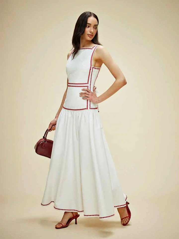 Commense NWT Medium White Maxi Dress with red hearts embroidery