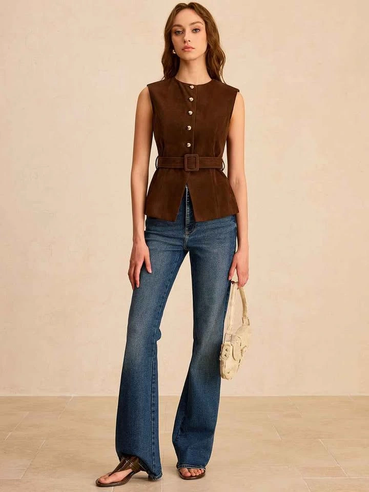 Commense NWT Medium Suede Brown Vest with Belt - photo 2