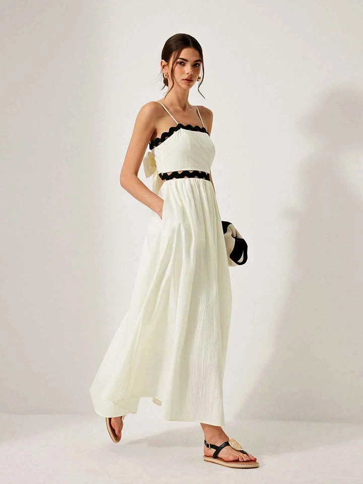 Commense NWT Small White Scalloped Maxi Dress Tie Back
