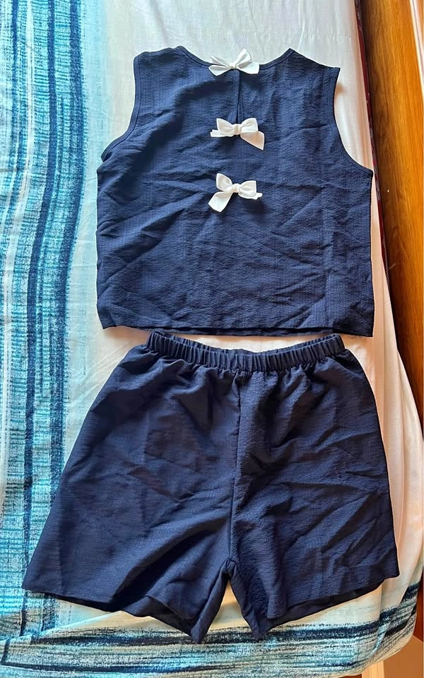 Navy Blue Top and Shorts Set with Bows