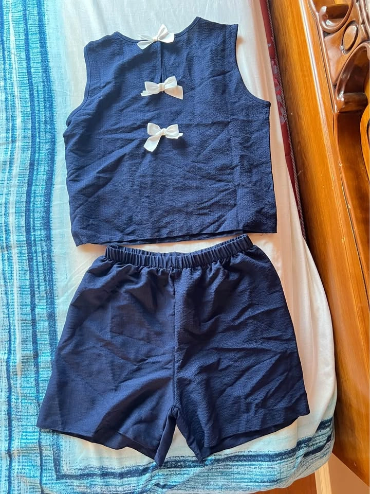 Navy Blue Top and Shorts Set with Bows - photo 2