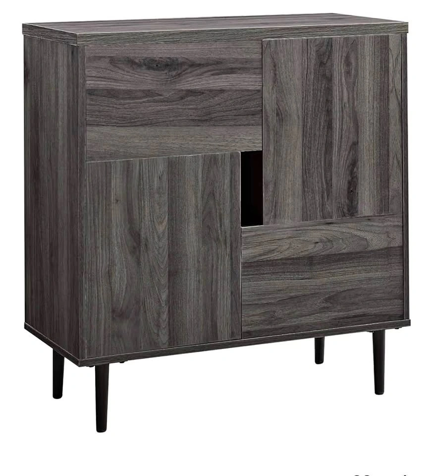 Modern Dark Grey Wood Grain Accent Storage Bar Cabinet