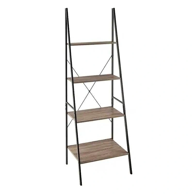 4-Tier Ladder Bookshelf Black Metal Wood Look
