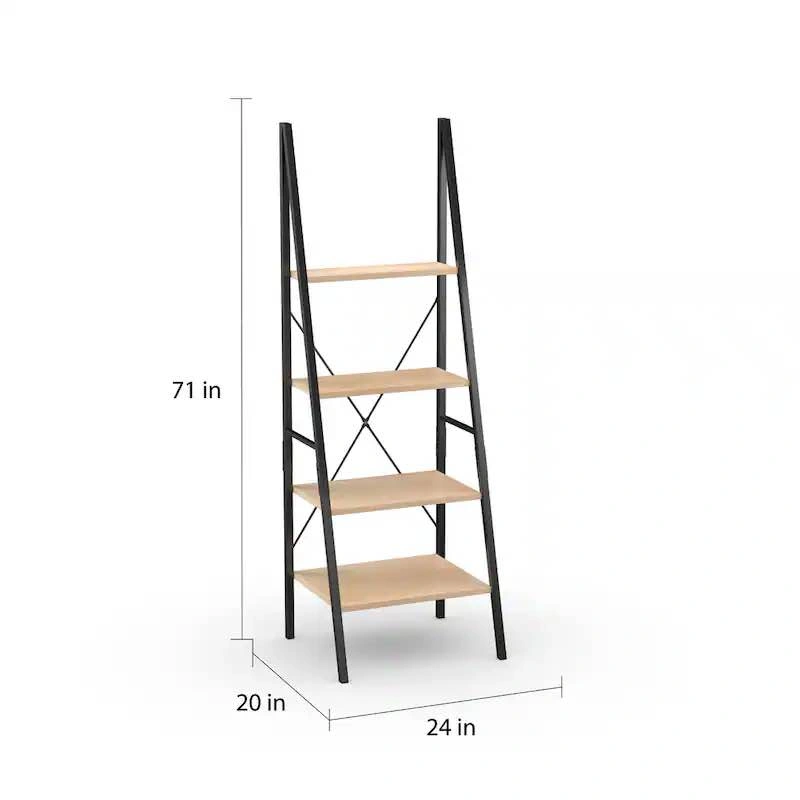 4-Tier Ladder Bookshelf Black Metal Wood Look - photo 2
