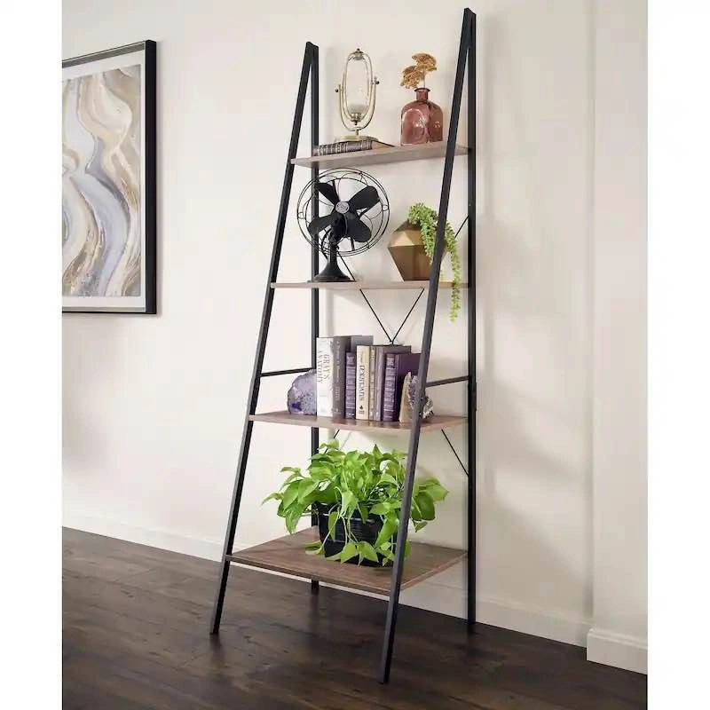 4-Tier Ladder Bookshelf Black Metal Wood Look - photo 3
